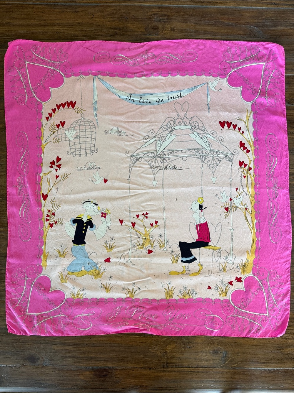 VTG 2001 Moschino Pink Silk Scarf Popeye Olive Oyl In Love We Trust